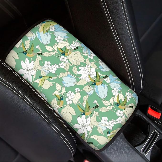 Coldinair Green Hummingbird Floral Car Armrest Cover,Auto Center Console Pad,Soft Seat Cover Protector Cushion,Car Accessories Decor for Most Cars,Sedan,Truck,SUV