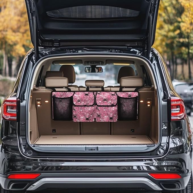 Pink Spiderweb Car Trunk Organizer Bag Car Back Seat Hanging Storage Bag Auto Cargo Bags with 4 Large Pockets Universal Automotive Interior Accessories