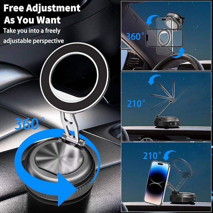 JKSML Magnetic Car Phone Holder [98LBS Strongest Suction & 2800gf Magnetic] 360° Adjustable Foldable Car Mount for Magsafe, Versatile for Car/Gym/Mirror Mount/Daily Stand, for iPhone & Android, Black