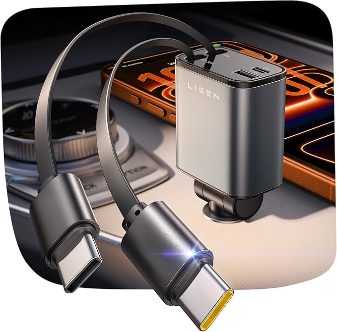 LISEN Retractable Car Charger USB C [Upgraded Dual Type C] 75W Fast 4 in 1 Car Charger for iPhone 17, RV Power Adapters for Men Women Mother, Car Accessories for Galaxy S26 Phone 17 Pro Max 16 15
