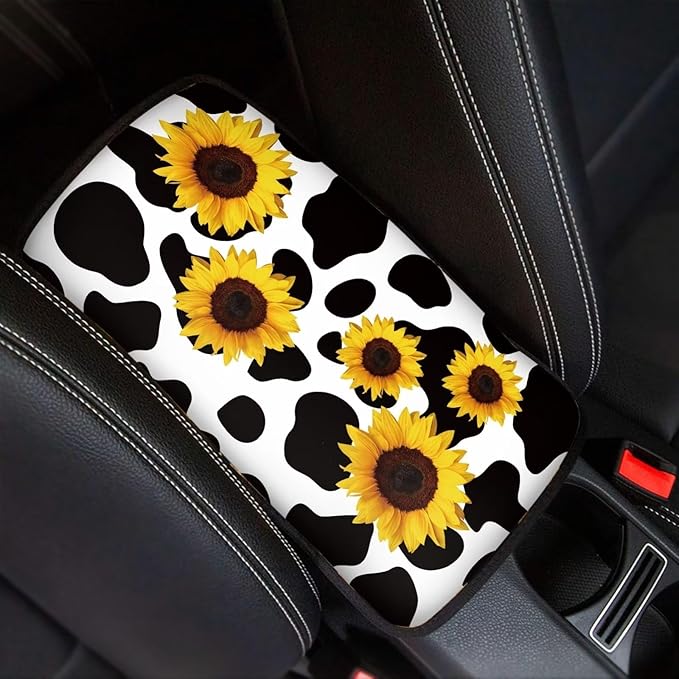 Dreaweet Sunflower Cow Print Car Armrest Cover Center Console Arm Rest Box Pad Mat Cute Car Accessories for Women Girls,Universal Fit SUV
