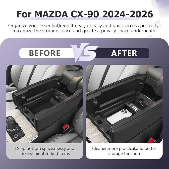 LUWU CX-90 2026 Accessories Compatible with Mazda CX90 2024 2025 2026 Center Console Organizer CX 90 Armrest Console Storage Box Insert Tray ABS Material Black Coin Container Black