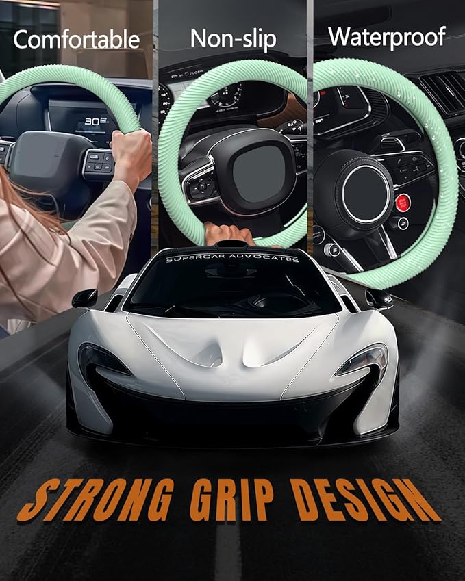 WOCOCN Car Steering Wheel Cover, Thin Anti-Skid Silicone Steering Wheel Cover for Men & Women, Universal Automotive Interior Accessories for Most Cars (Light Green)