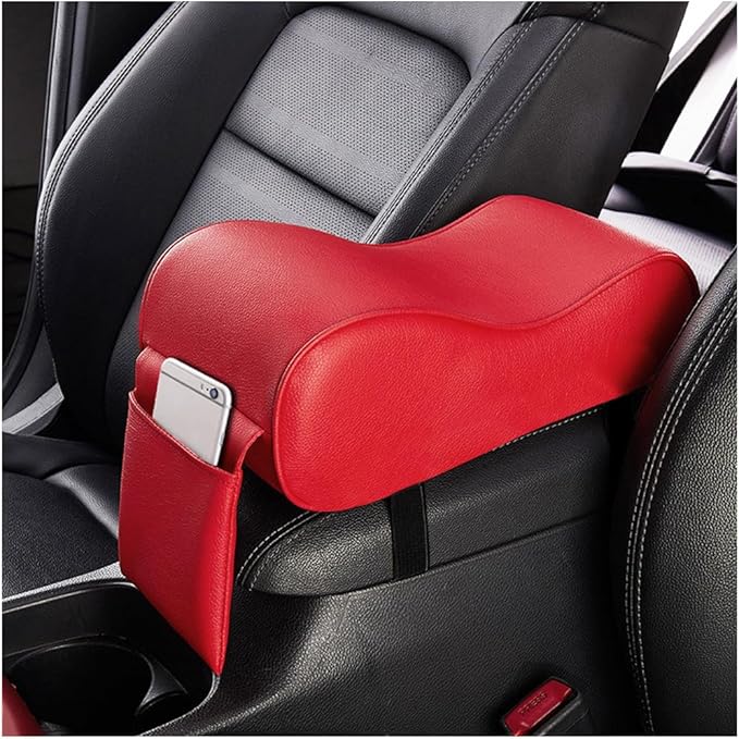 Car Center Console Cover, Soft Memory Foam Auto Arm Rest Pillow with Phone Holder Storage Bag, Waterproof Leather Armrest Seat Box Protector Comfy Cushion Pad for Most Cars (Red)