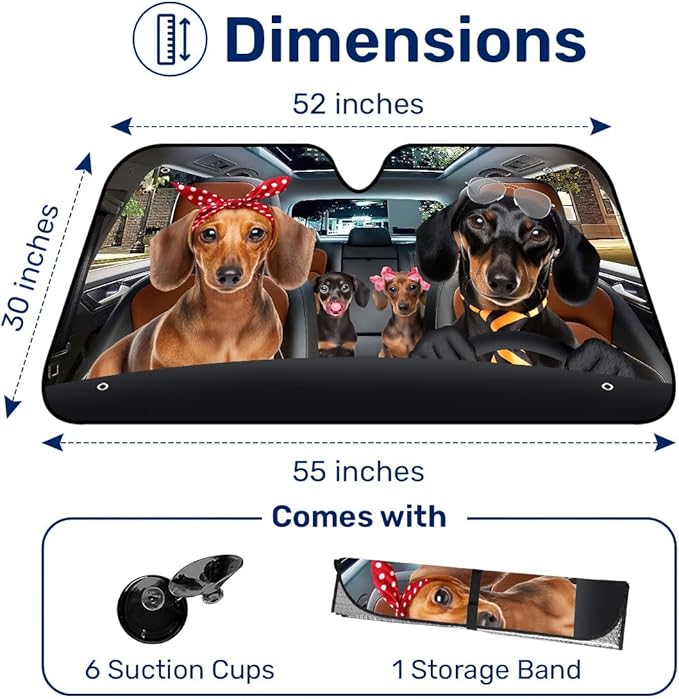GENANY Cute Dachshund Dog Family Funny Windshield Sun Shade for Car SUV Truck (55x30 Inches), Sun Shade Windshield, Protector Blocks UV, Spring Car Decor