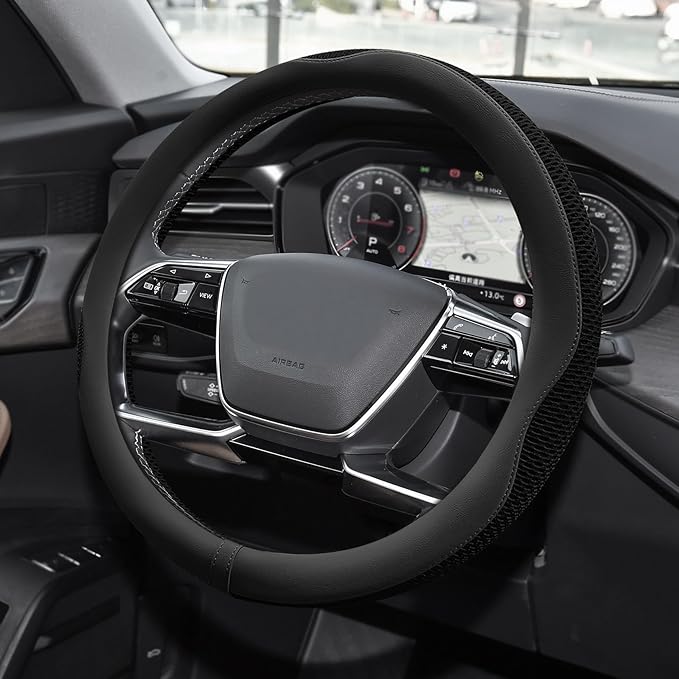 Car Steering Wheel Cover, Steering Wheel Accessories, Universal 15 Inch Microfiber Breathable LCE Silk, Car Accessories Breathable Anti-Slip Protector Universal for SUV Sedan Truck (Black)