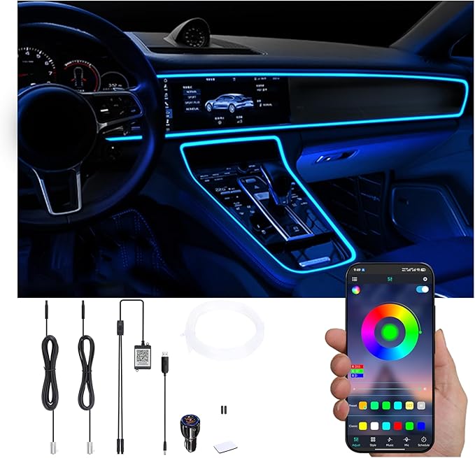 USB Car Ambient Lighting Optic Fiber 64 Colors Music Sound Active with APP Control Car Decorative Atmosphere Lighting Kit DC 12V 1W 3m with QC 3.0 car Charger