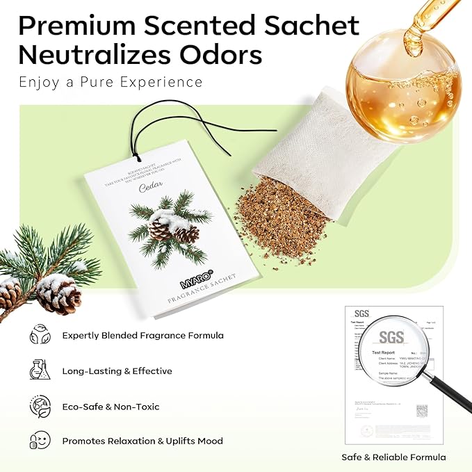 MYARO 12 Pack Cedarwood Scented Sachets for Drawer, Closet & Small Spaces Air Freshener Bags, Odor Eliminator for Car, Shoes, Gym Bag Home Fragrance Gift Set