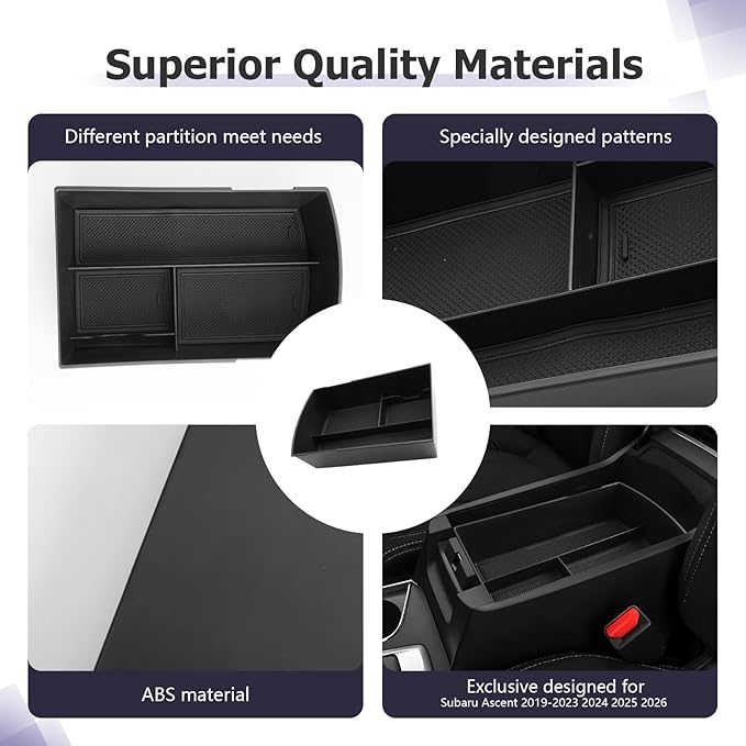 LUWU Center Console Organizer Compatible with Subaru Ascent 2019-2026 Accessories Armrest Console Secondary Storage Box Insert Tray ABS Material Interior Storage Box with Coin Holder Black