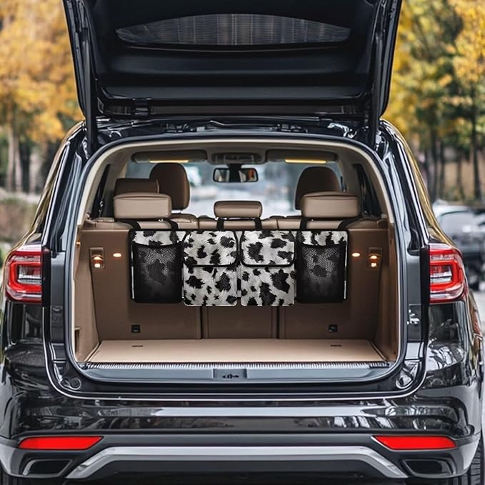 Cow Pattern Print Car Trunk Organizer, Hanging Car Back Seat Storage Bag with 4 Pockets Universal Detachable Car Interior Accessories for Sedans SUVs Truck