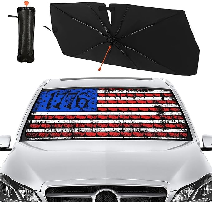 American USA Flag Car Windshield Sunshade Umbrella USA Flag Sun Shade for Car Windshield Umbrella Upgraded Sunshades Blocks UV & Heat Front Window Shades for SUV Sedan Auto