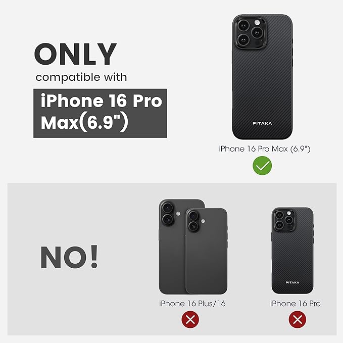 pitaka Case for iPhone 16 Pro Max, 6.9" - MagSafe Compatible, Shockproof, 600D Aramid Fiber & TPU Combined [Military Grade Protective Case - Black/Grey (Twill)]