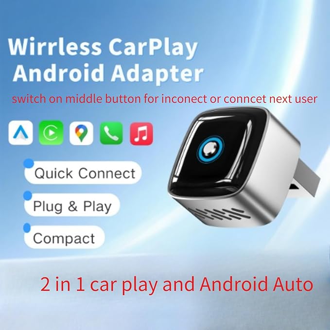Car Play Wireless Adapter for Apple iPhone iOS 10+ & Cars from 2015+ Android 11+ Android Auto, Plug & Bluetooth Connect 2-in-1 Adapter Convert Wired to Wireless Dongle carplay (Metal Black)