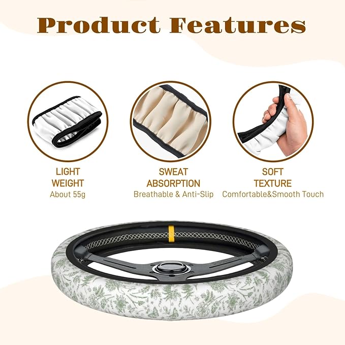 Steering Wheel Cover Accessories Neoprene Cover, Breathable Non-Slip Easy to Install Suitable for Women Men, 14.5-15.5 Inch for Car SUV Van Truck Universal - Green Plants