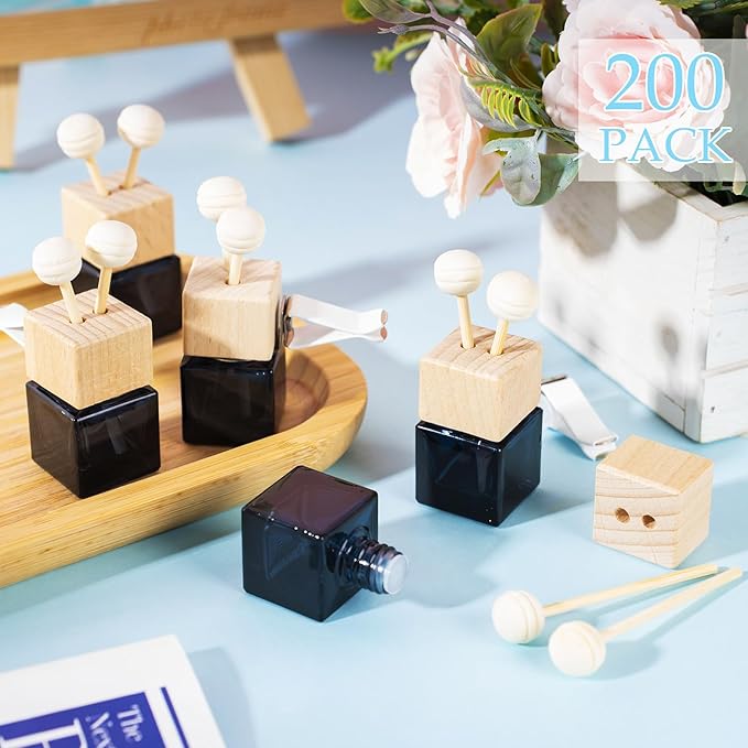 Zubebe 80 Pcs Car Diffuser Bottles Empty Bulk Vent Clip Car Air Freshener Diffuser for Essential Oil Perfume Glass Bottle with Wooden Caps Stick Fragrance Ornament (Gradient Black)