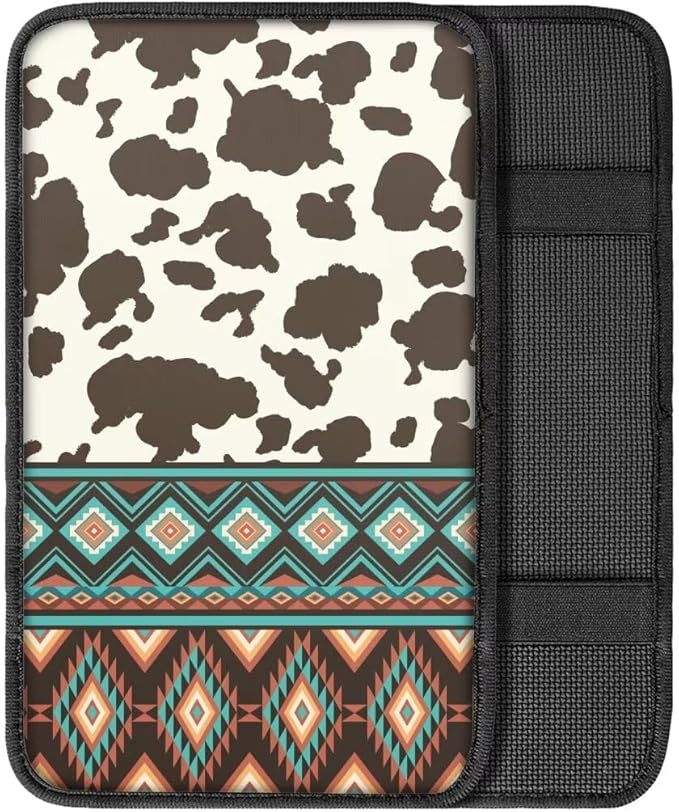 Coldinair Brown Cow Car Center Console Pad Ethnic Aztec Soft Armrest Protector Cover Fit for Most Vehicle,SUV,Truck,Washable