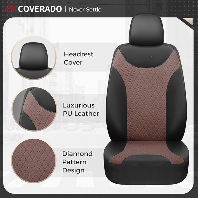 Coverado Front Car Seat Covers, Leather Seat Covers for Cars, Automotive Seat Protectors with Splicing Design，Waterproof Auto Seat Cushions Driver Seat Covers Universal for Most Cars, Black & Coffee