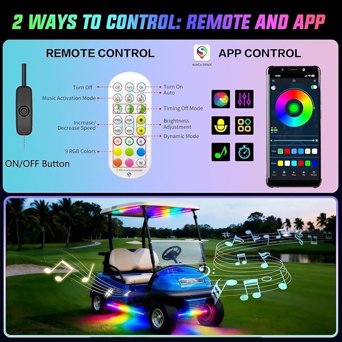 6 Pcs RGB+IC Golf Cart Underglow Light Strip with Roof Canopy Lights, 12V-80V Dream Color Chasing Light for EZGO Yamaha Club Car, Remote and APP Control, Voltage Reducer Included