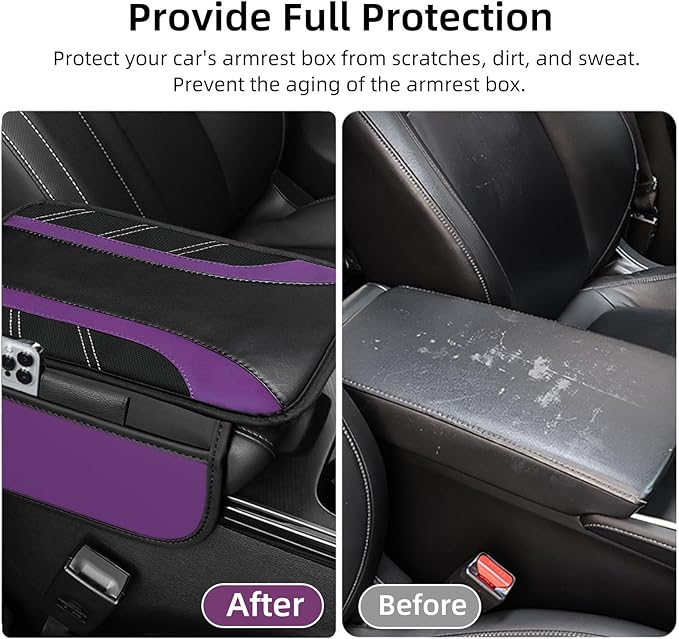 NBTEPEM Purple Center Console Cover, Sporty Leather Armrest Cover Cushion with 2 Storage Pockets, Universal Auto Middle Console Protector, Car Interior Accessories for Most SUV, Truck, Sedan Vehicles