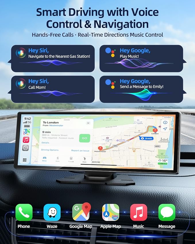 11.5" Wireless Apple CarPlay Screen for Car, Portable Car Play & Android Auto Touch Screen Car Stereo with App Control, 4K Dash Cam 1080P Backup Camera, GPS, Voice Control, Mirror Link FM All Vehicles