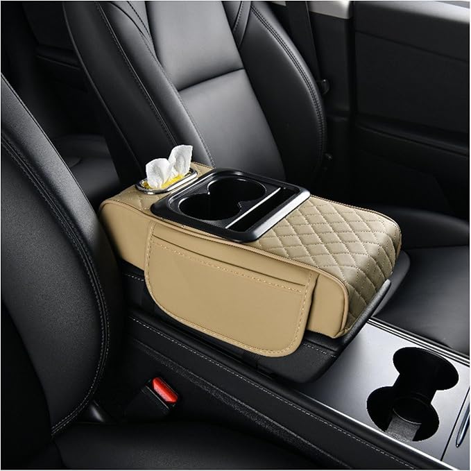 Car Armrest Storage Box for Nissan Hardbody (D21) 1986–1997, Center Console Organizer with Side Pocket, Ergonomic Memory Foam Armrest Cushion, Car Elbow Support Pad,E Beige
