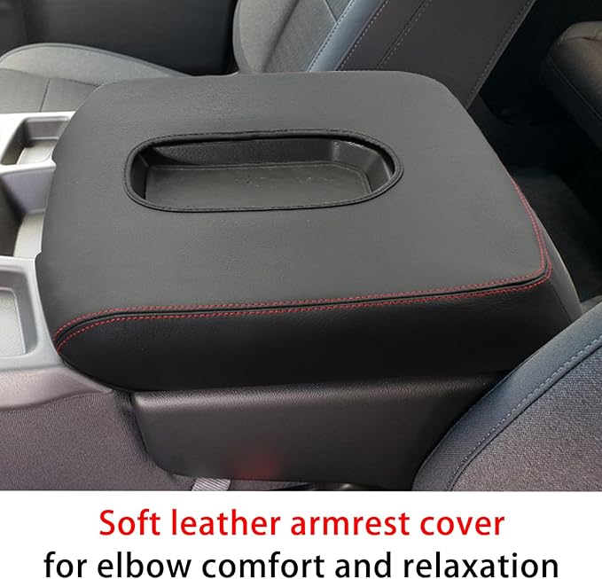 Center Console Armrest Cover for Chevy Silverado/GMC Sierra Accessories 2019-2024 2025 Arm Rest Box Pad Middle Console Lid Cushion Leather Protective Case Only for Jump Seat (Red Stitches)