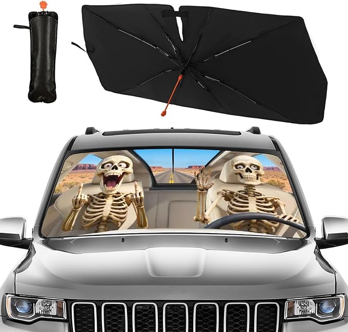CHILL·TEK Funny Animal Car Windshield Sun Shade Umbrella, Funny Skull Car Sun Shade Umbrella, Block UV Rays Heat Foldable Windshield Umbrella Sun Visor Protector - Keep Vehicle Cool for Cars SUV