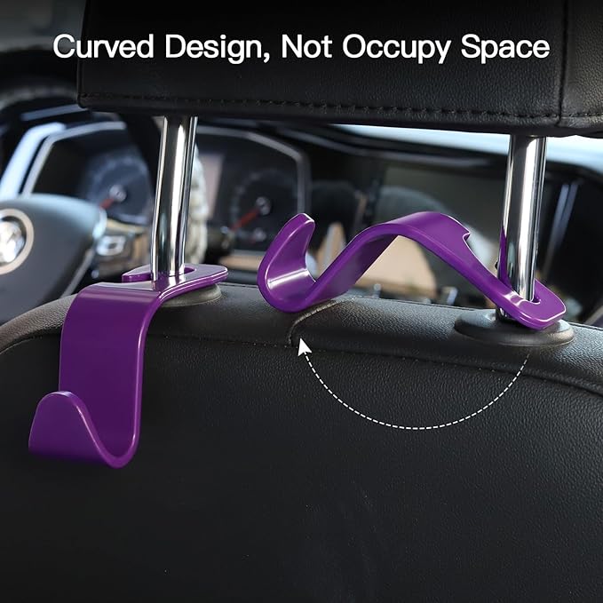 Soleebee 4 Pack Car Headrest Hooks - Universal Auto Hooks, Back Seat Hangers, Storage Organizer (Purple)
