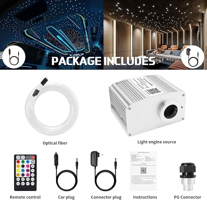 Fiber Optic Lights Kit, 10W Star Ceiling Sky Lights RGBW Twinkle & Music Effect for Home & Car Star Headliner Light with Bluetooth APP + RF Remote Control - Optical Fiber Cable 300pcs*0.03in*9.8ft