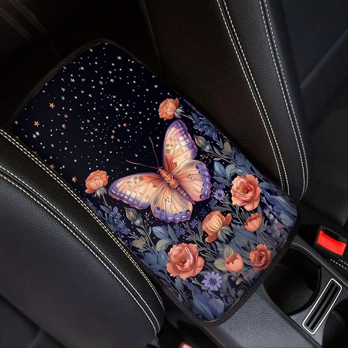 Suobstales Butterfly Rose Flower Print Car Armrest Pad Soft Center Console Arm Rest Protector Cover Universal Car Interior Accessories Decoration