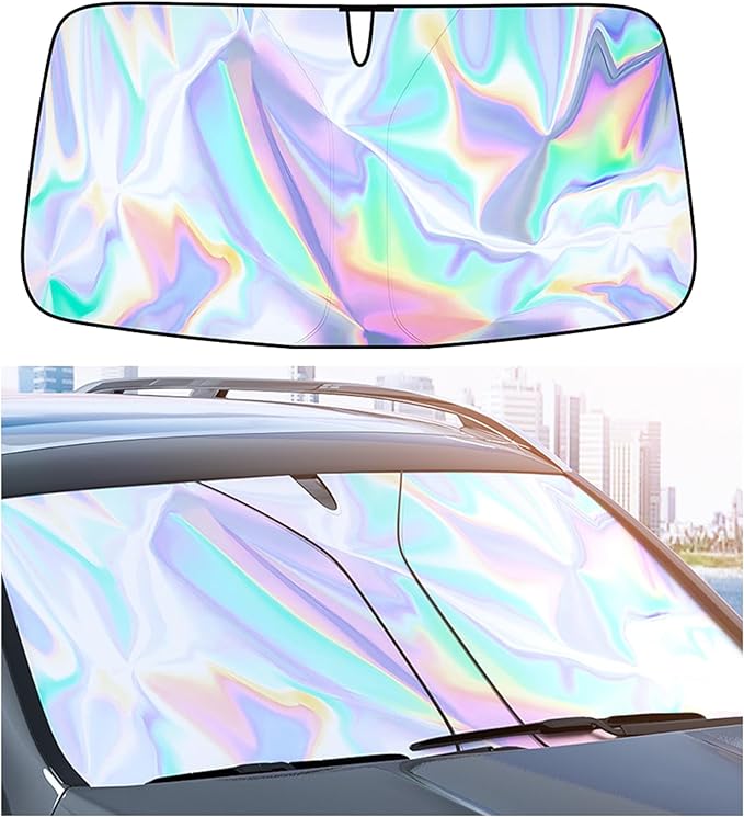 Sunshade Car Front Windshield Titanium Silver Sun Shade Iridescent Car Sunshade Foldable Sun Shield Cover Block UV Rays, Reflector Shield Suitable for Most Cars SUVs Large 57 x 31.5 in