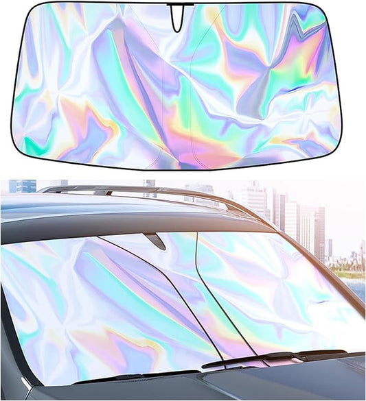 Sunshade Car Front Windshield Titanium Silver Sun Shade Iridescent Car Sunshade Foldable Sun Shield Cover Block UV Rays, Reflector Shield Suitable for Most Cars SUVs Large 57 x 31.5 in