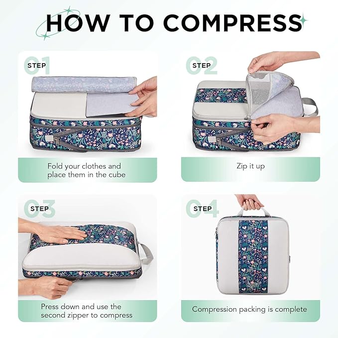 6 Set Compression Packing Cubes for Travel Essentials,Compressible Expandable Packing Cubes for Suitcase,OlarHike Luggage Organizer Bags for Travel(Dark Blue Floral)