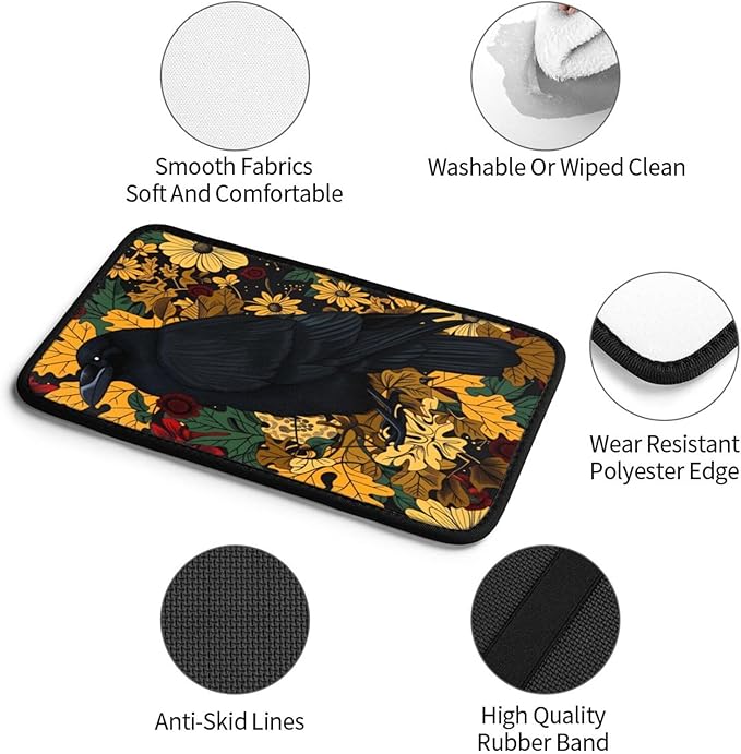Gothic Raven Vintage Floral Black Crow Car Handrail Box Cushion Armrest Cover Auto Center Console Pad Car Decor 12.6X7.5 in
