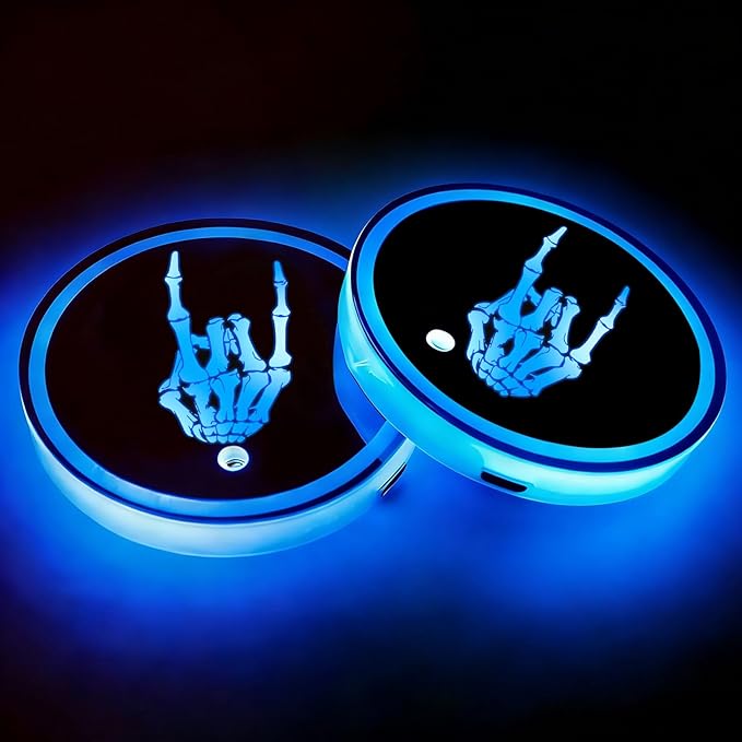 Skeleton LED Cup Holder Lights for Car,2Pcs LED Light Up Cup Holder Coasters with USB Charging 7 Colors 3 Modes,Waterproof Interior Atmosphere Lamp,Car Decor Accessories Skull Gifts for Women Men
