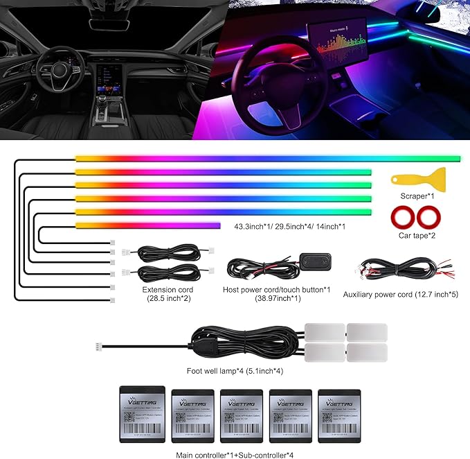 Dreamcolor Acrylic Interior Car LED Strip Light with Wireless APP, Dual Zone RGB 10 in 1 with 175 inches 593 Neon Car Ambient Lighting Kits, Music Sync LEDs Fiber Optic Strip Neon Lights for Car