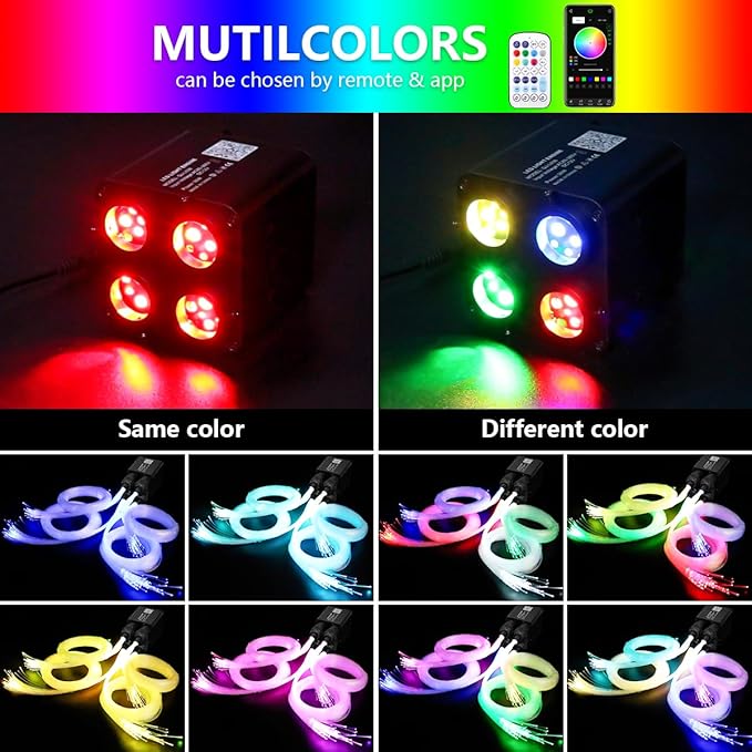 AMKI Updated 4Color Twinkle 36w Starlight Headliner Kits 400pcs 0.03in 9.8ft Fiber Optic Light Cable 4 Ports Starlight Box App/Remote Control Sound Mode for Car Home Ceiling Decoration