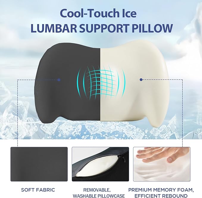 Lumbar Support Pillow for Office Chair, Cooling Car Lumbar Pillow Lower Back Pain Relief,Memory Foam Back Cushion with Adjustable Straps,Ergonomic Chair Back Pillow for Gaming Chair,Car(Gray Cooling)