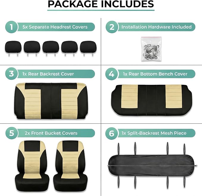 FH Group Automotive Car Seat Covers Full Set Premium 3D Air Mesh Front Seat Covers, Airbag Compatible & Split Bench Cover Universal Fit Interior Accessories for Cars Trucks and SUVs - Beige