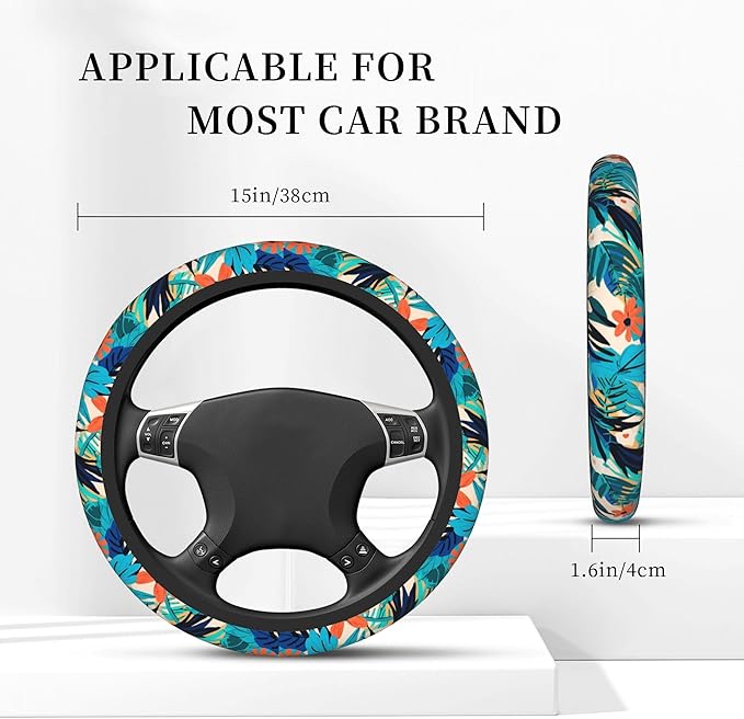Car Steering Wheel Cover,Tropical Leaves Universal Non Slip Wheel Protector 15 Inch Elastic Car Accessories for Men Women