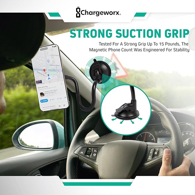 CHARGEWORX Magnetic Phone Stand Mount for Car Windshield – 14-Inch Flexible Gooseneck Holder with Strong Suction Cup & 360° Rotation, Magsafe iPhone & Android Compatible Car Holder Accessory