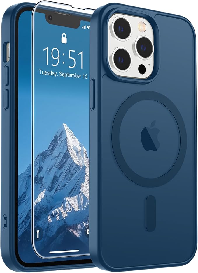SUPFINE Magnetic for iPhone 13 Pro Case with Screen Protector (Compatible with MagSafe) (Military Grade Drop Protection) Translucent Matte Shockproof with Anti-Fingerprint Phone Case,Deep Blue