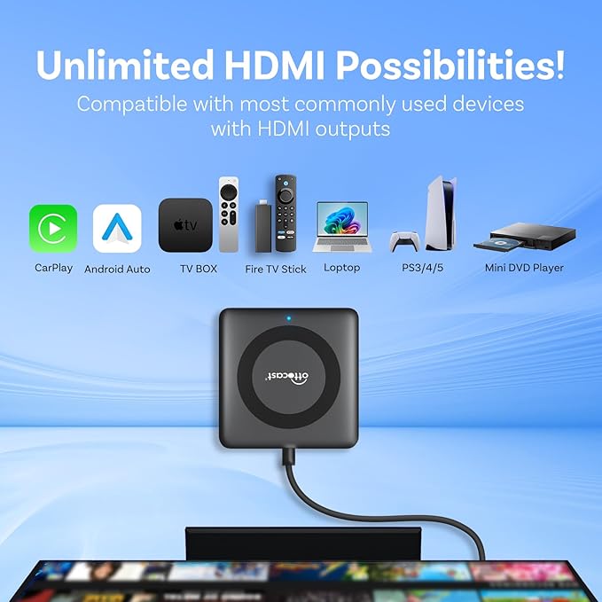 Ottocast Car TV Mate Max - 2025 Fire TV Stick Converter with Wireless CarPlay Android Auto, HD HDMI Car Adapter Cast Video/Game to Car, Works for Wired CarPlay Cars and Most Streaming Devices
