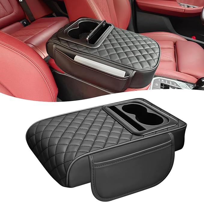 Car Center Console Cover, Leather Car Armrest Cover with Storage Box, Cup Holder, Phone Slot, Waterproof Arm Rest Protector Cushion Automotive Accessories (Black)
