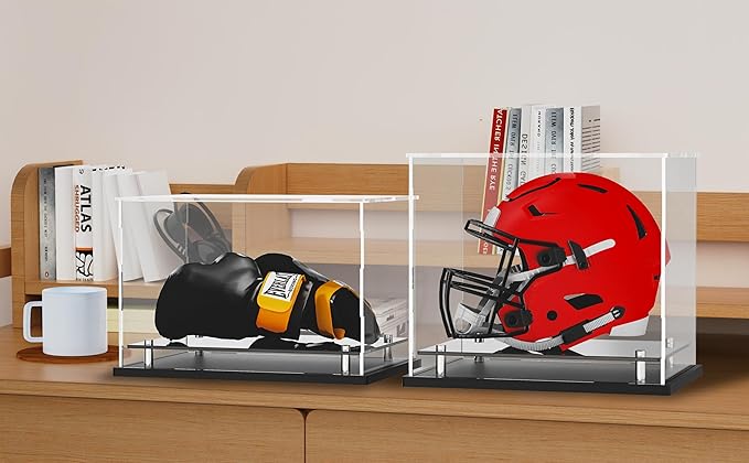 Clear Boxing Glove Display Case,Self-Assembly Acrylic Baseball Glove Display case for Full Size,Football Glove Display Case Holder Showcase.Baseball Mitt Ball Display Case with Black Base Riser Stand