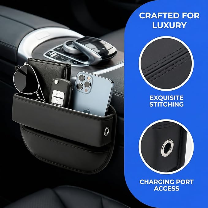 Car Seat Gap Filler Organizer, Multifunctional Auto Console Side Storage Box with Cup Holders & Phone Holder, Premium PU Leather Car Front Seat Organizer for Drinks, Sunglasses, Keys, 2 Pack Black