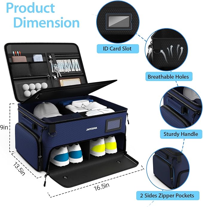 4-Layer Golf Trunk Organizer, Golfer Gifts for Men Women with Separate Ventilated Compartment for 2 Pairs Shoes, Waterproof Car Golf Locker Storage Bag for Golf Gear and Accessories,Blue