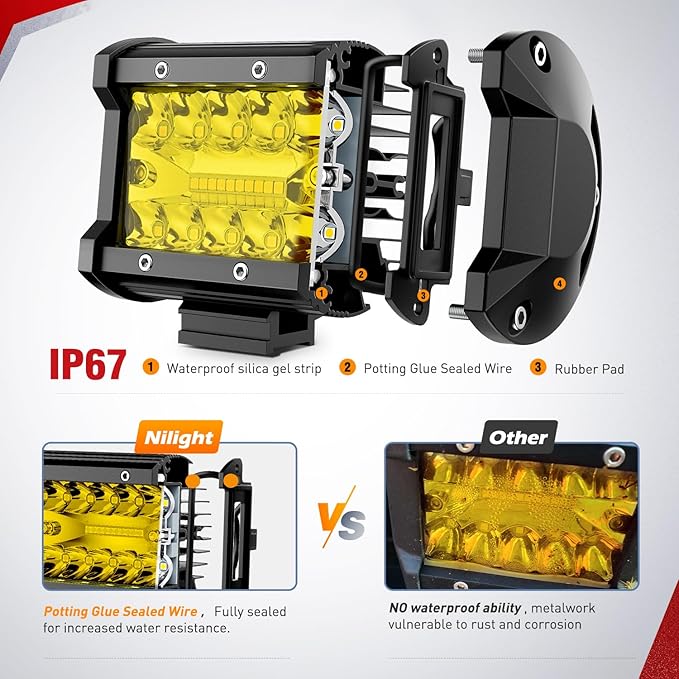 Nilight 4 Inch Yellow LED Light Pods 2PCS Triple Row 60W Flood Spot Combo Offroad Driving Fog Lighting for 12V 24V Pickup Truck ATV UTV SUV