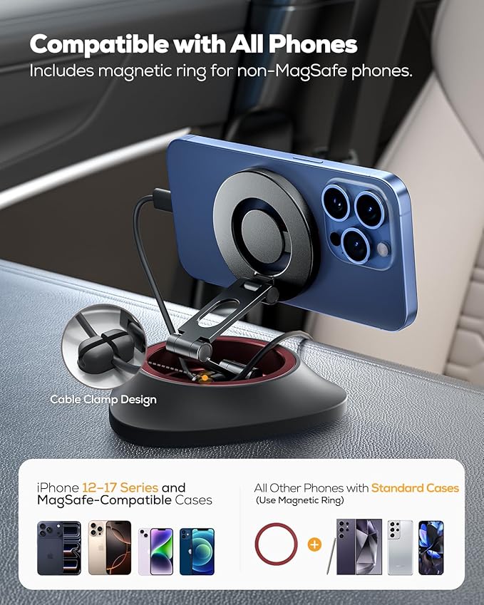 Nulaxy 2026 Upgraded Magsafe Car Mount for Dashboard, [Ultra-Stable & Strong] Car Phone Holder, [Foldable Three-axis] Magnetic Phone Holders for Your Car Compatible with iPhone 17 Pro Max, Red