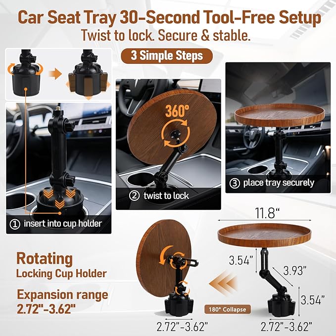 Car Food Cup Holder Tray - 360° Rotating Car Table and Car Seat Tray, Detachable Wooden Car Desk for Laptop and Food Tray, Compatible with Tesla Model Y/3/S, Ford F150/Explorer (Brown, 11.8")